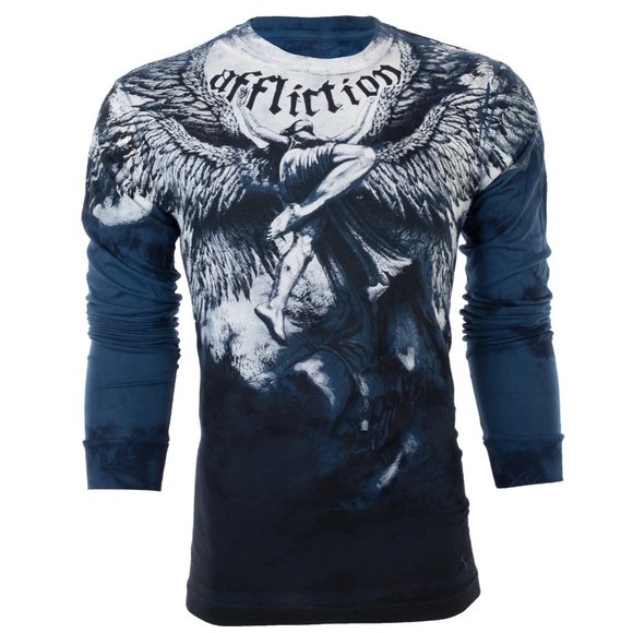 AFFLICTION Men's T-Shirt Long Sleeve UPWARD Wings Tattoo Biker Blue - Picture 2 of 7